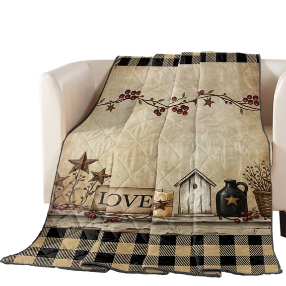 Black Brown Buffalo Check Quilted Comforters Cooling Blanket Oversized Queen Size, Rustic House Berry Vine Star Brown Cold Comfort for Hot Sleepers Lightweight Air Conditioning Quilt Blanket for Bed