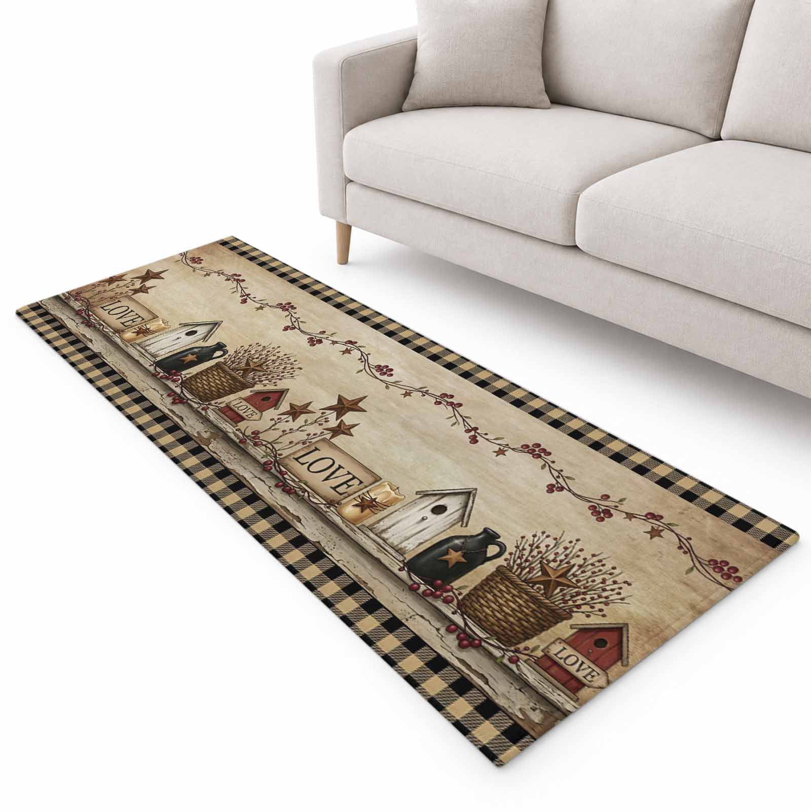 Black Brown Buffalo Check Runner Rug 2.6'x10', Rustic House Berry Vine ...