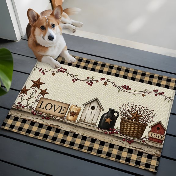 Black Brown Buffalo Check Small Area Rugs 2x3 Rustic House Berry Vine Star Beige Entryway Rugs Washable Door Mat, Low-Profile Area Rugs Non Slip Floor Carpet for Living Room Bedroom Home Office
