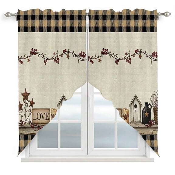 Black Brown Buffalo Check Swag Valances for Windows 2 Pack Rustic House Berry Vine Star Beige Swag Kitchen Curtains 36 Inches Long Rod Pocket Short Window Treatment for Kitchen Bathroom 28"x36"