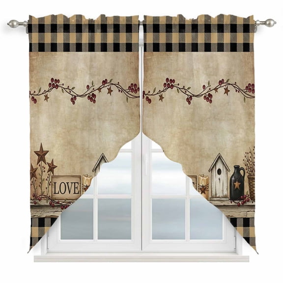 Black Brown Buffalo Check Swag Valances for Windows 2 Pack Rustic House Berry Vine Star Brown Swag Kitchen Curtains 36 Inches Long Rod Pocket Short Window Treatment for Kitchen Bathroom 28"x36"