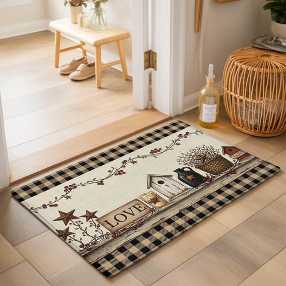 Black Brown Buffalo Check Washable Small Entryway Area Rugs 2'x3', Rustic House Berry Vine Star Beige Washable Throw Rug Non-Slip Sturdy Edge Binding Carpet for Front Door Floor Room Entry