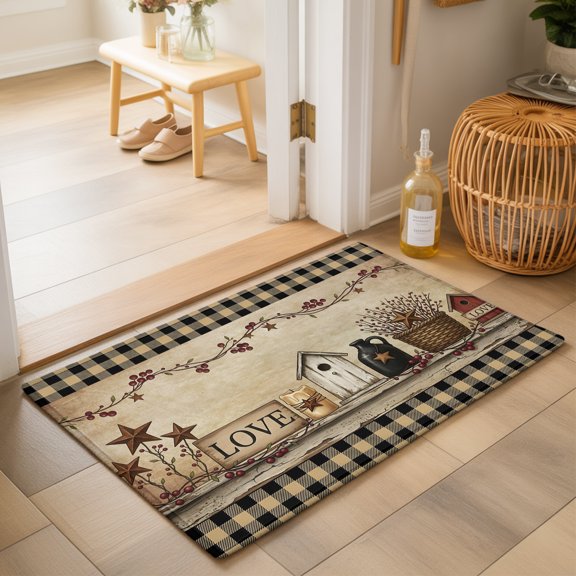 Black Brown Buffalo Check Washable Small Entryway Area Rugs 2'x3', Rustic House Berry Vine Star Brown Washable Throw Rug Non-Slip Sturdy Edge Binding Carpet for Front Door Floor Room Entry