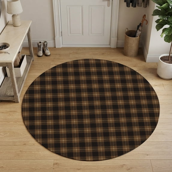 Black Brown Buffalo Plaid Round Area Rug 6Ft Washable Circle Rugs for Bathroom Office, Geometric Classic Checkered Non-Slip Carpet Floor Mats Indoor Outdoor Carpet Runner Aesthetic Home Decor