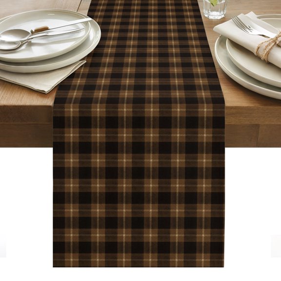 Black Brown Buffalo Plaid Table Runner Geometric Classic Checkered Tablerunners 13 x 72 Inch, Table Decorations Tabletop Scarf for Summer Gathering Holiday Farmhouse Kitchen Dining Decor