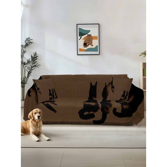 Black Brown Cat Couch Cover for Dogs, Retro Art Animals Rustic Washable Sofa Covers Slipcover for Pets Dogs Futon Cover, Couch Recliner Covers, Oversized Chair Slipcover 71"x91"