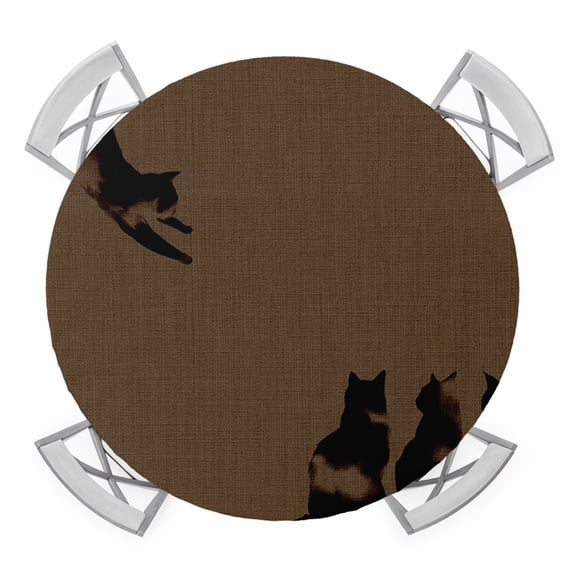 Black Brown Cat Round Tablecloth for 45-54 Inch Tables, Fitted Table Cover with Elastic Edge, Retro Art Animals Rustic Waterproof Outdoor Table Cloth Protector for Patio Garden Dinner Picnic