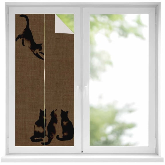 Black Brown Cat Window Privacy Film, Retro Art Animals Rustic Static Cling UV Sun Blocking Heat Control Window Tint Day and Night, Non-Adhesive Reusable One Way Windows Privacy Cover 17.7''x39.3''