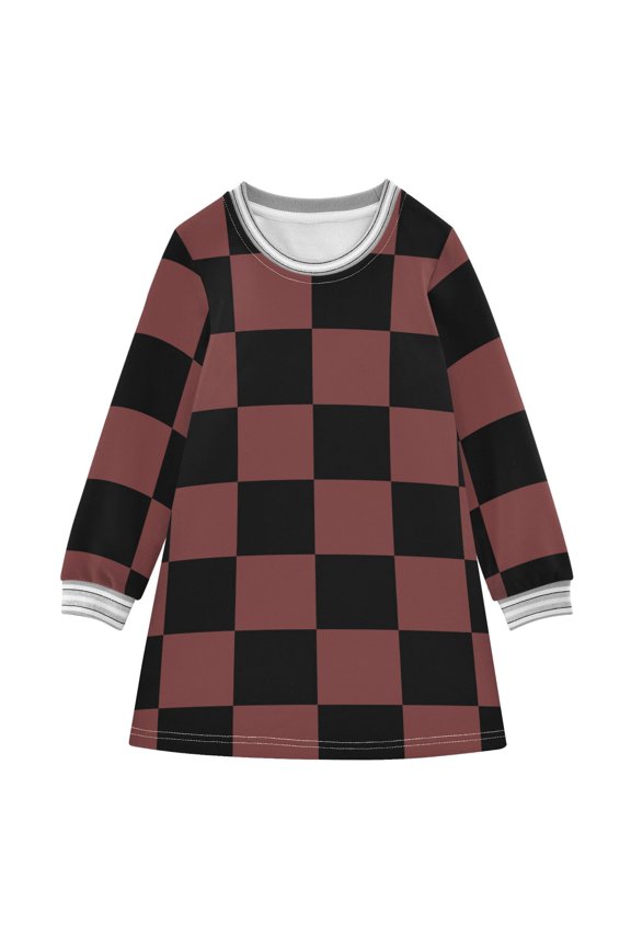 Black Brown Checked Pattern Girls'long-sleeved dress Thickened A-dress Warm Dress Basic Shirt Party Dresses