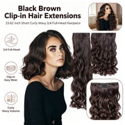 Black Brown Clip in Synthetic Hair Extensions for Women, 23.62 Inch Short Curly Wavy 3/4 Full Head Hairpiece, half wigs fake hair hair extensions clip ins 1 Pack 3.6 Oz Per Piece