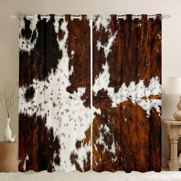Black Brown Cowhide Blackout Curtains,Milk Cow Print Window Treatments,Rustic Farm Animals Curtains & Drapes,Bull Cattle Wild Animal Skin Window Curtains Boho Aztec Decor