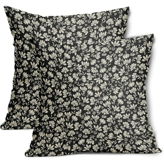 Black Brown Daisy Floral Block Print Pillow Covers 16X16 Inch Vintage Flowers Decorative Square Pillow Cases Set of 2 Farmhouse Home Decor Cotton Linen Throw Pillows For Sofa Couch Cushion Outdoor