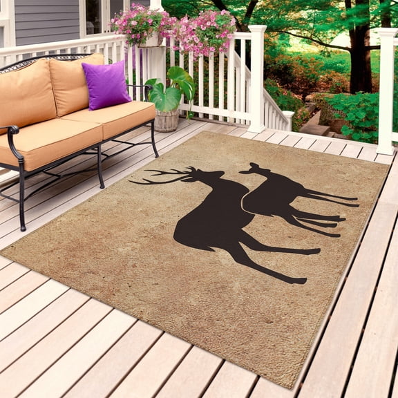 Black Brown Deer Outdoor Rug for Patio/Deck/Porch, Non-Slip Large Area Rug 3 x 5 Ft, Vintage Art Animals Silhouettes Indoor Outdoor Rugs Washable Area Rugs, Reversible Camping Rug Carpet Runner