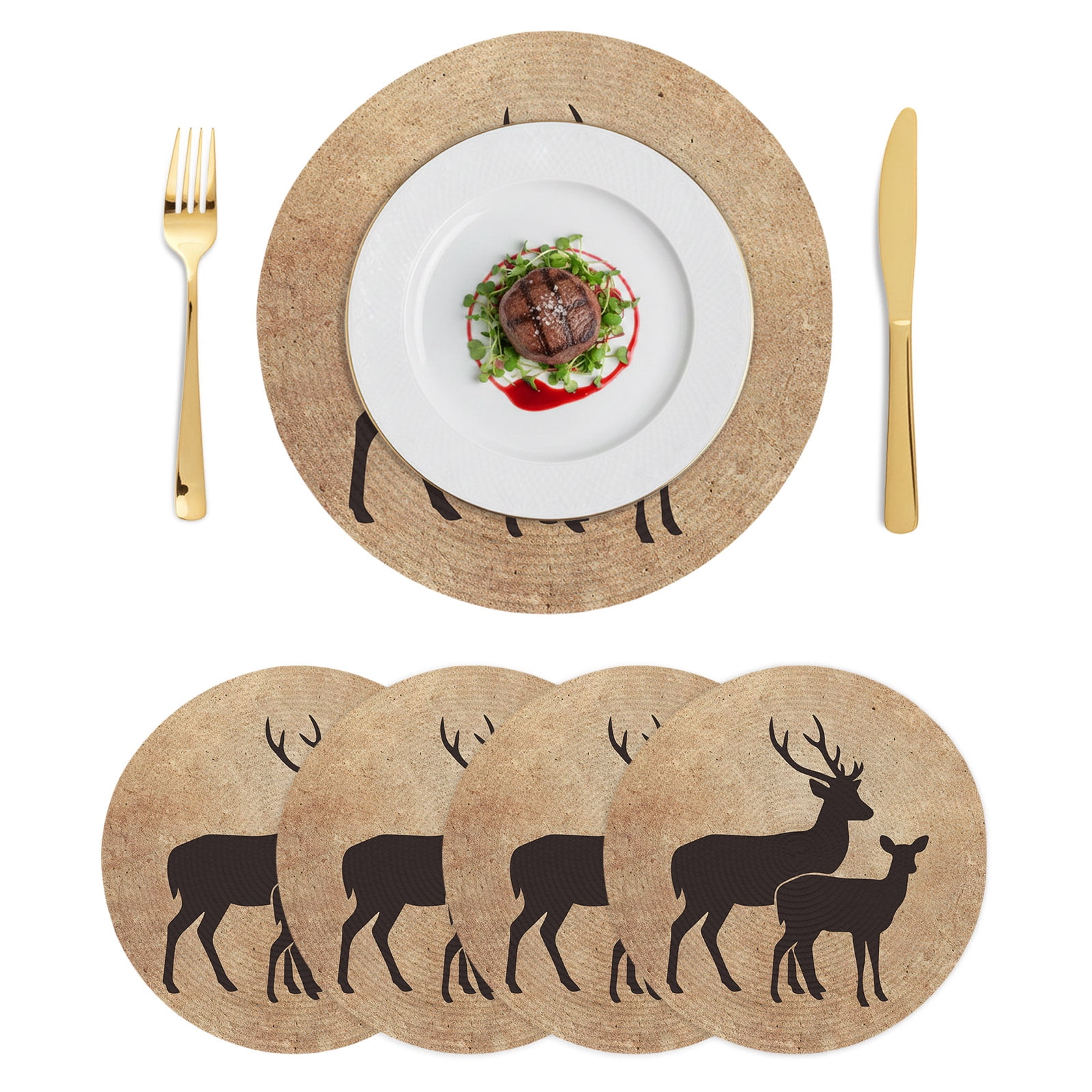 Black Brown Deer Round Placemats Set of 4 Vintage Art Animals ...