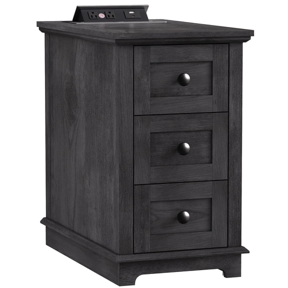 Black Brown End Table with Flip Top Charging Station and 3 Drawers
