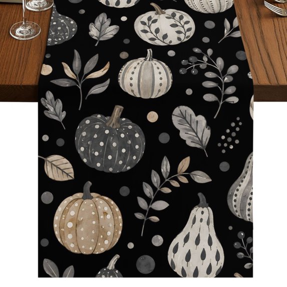 Black Brown Fall Burlap Cotton Table Runner 13x36 Inches Short, Autumn Pumpkins Botanical Thanksgiving Farmhouse Table Runners, Outdoor Dining Table Decor for Baby Shower/Party/Wedding