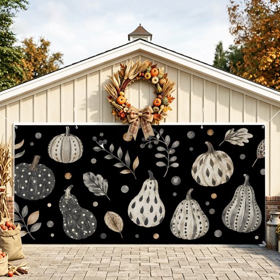 Black Brown Fall Garage Door Banner 6.9x8 Ft, Autumn Pumpkins Botanical Thanksgiving Outdoor Garage Door Cover for Holiday Party, Hanging Banner Backdrop Decoration Wall Decor Flag