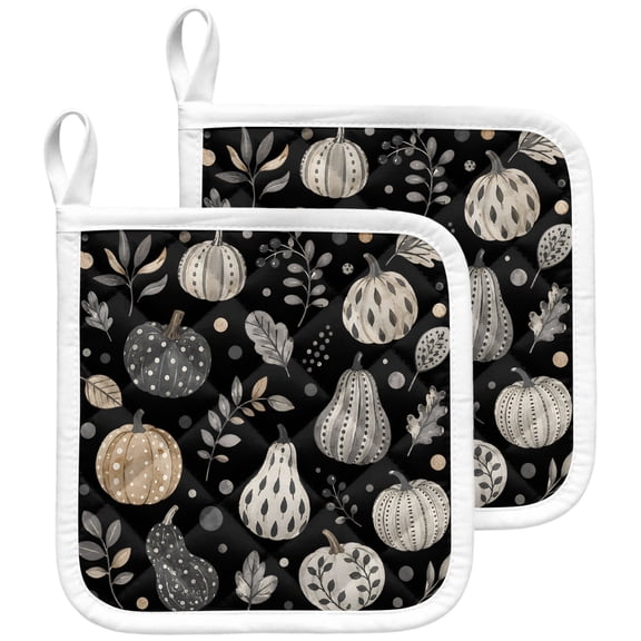 Black Brown Fall Pot Holders for Kitchen Heatproof Potholder, 2 Pack Autumn Pumpkins Botanical Thanksgiving Hot Pads Multipurpose Oven Pads Terry Cloth Potholders Trivet for Cooking and Baking
