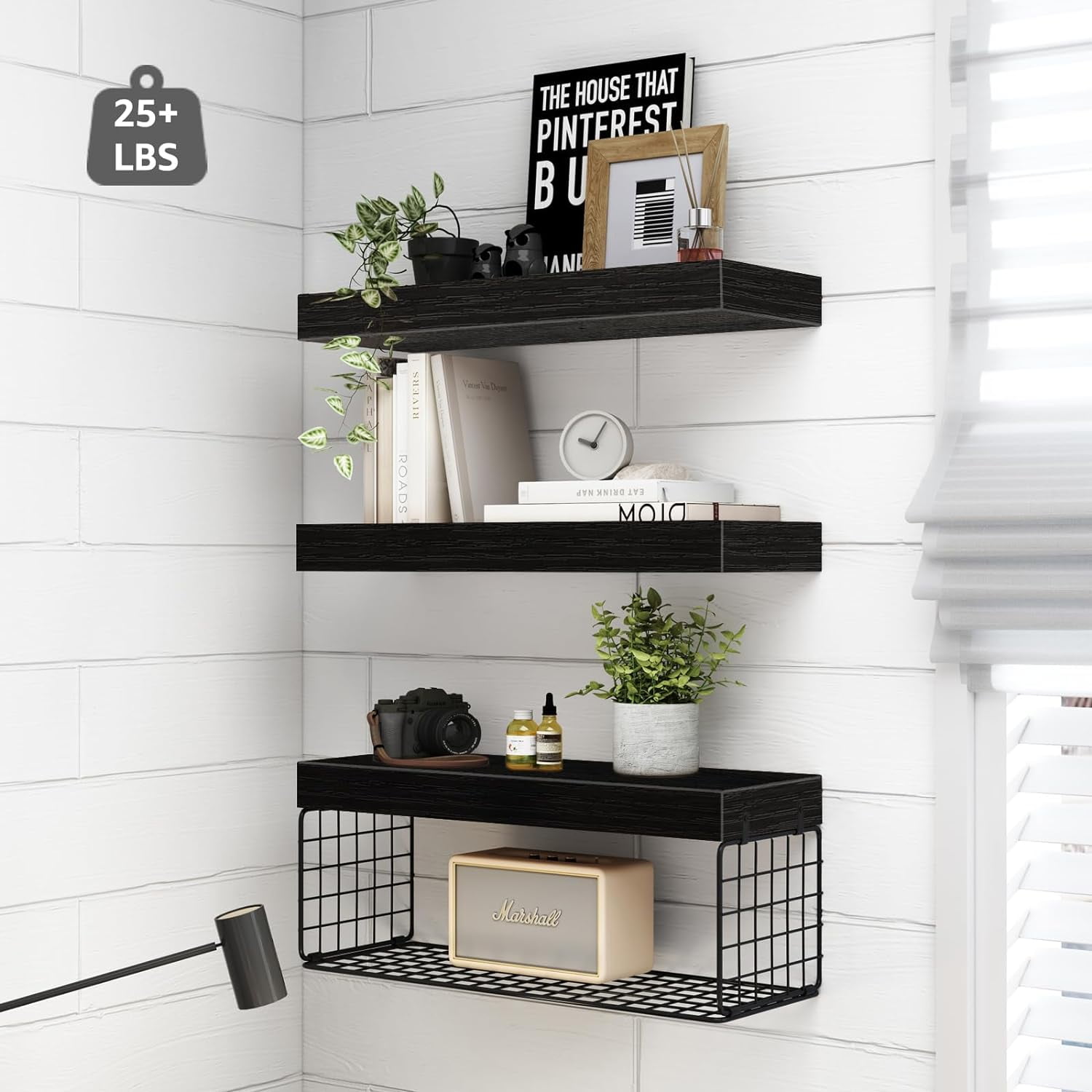 Black Brown Farmhouse Floating Shelves - Toilet Paper Holder - Set of 3 ...
