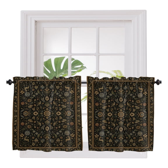 Black Brown Floral Boho 2 Panel Kitchen Curtains for Small Windows, Ethnic Tribe Vintage Abstract Art Bathroom Tier Curtain, Short Window Treatment for Bedroom/Living Room 55"x24"
