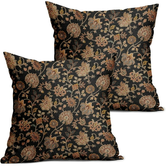 Black Brown Floral Pillow Covers 18X18 Inch Set of 2 Vintage Boho Carpet Flowers Decorative Pillow Cases Leaves Plant Cushion Case Farmhouse Home Decor for Sofa Couch Living Room
