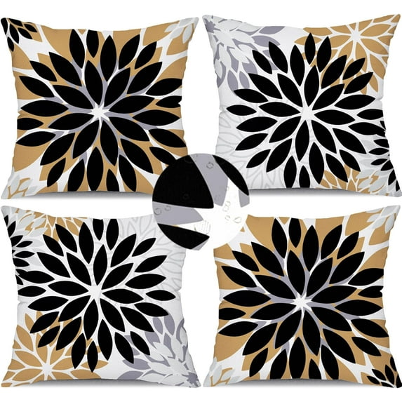 Black Brown Flower Pillow Covers 18x18 Inch Set of 4 White Grey Colored Throw Pillows Outdoor Waterproof Decor for Living Room Sofa Patio Funiture Garden Floral Linen Cushion Case 008C
