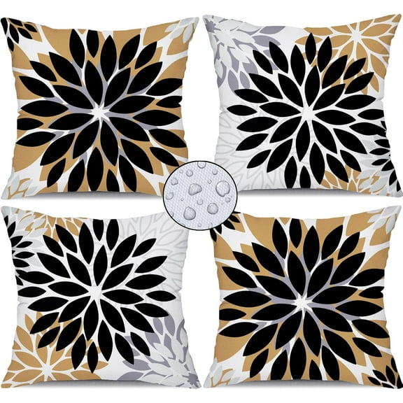 Black Brown Flower Pillow Covers 18x18 Inch Set of 4 White Grey Colored Throw Pillows Outdoor Waterproof Decor for Living Room Sofa Patio Funiture Garden Floral Linen Cushion Case 008C