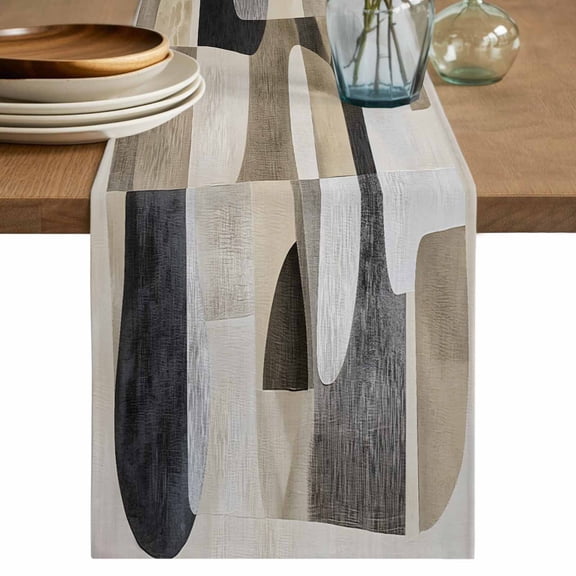 Black Brown Geometric Table Runner, Modern Abstract Textured Washable Cotton Linen Table Runners 48 Inches Long, Dresser Scarf Runner for Nightstand/Coffee/End Tables 13''x48''