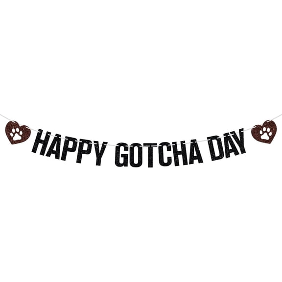 Black & Brown Glitter Happy Gotcha Day Banner with Paw Print Heart Cutouts, Pet Dog Adoption Party Supplies