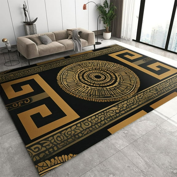 Black Brown Greek Key Area Rug, Retro Abstract Luxury Office Rugs, Easy Clean Breathable Washable Carpet for Living Room Bedroom Hardwood Floors Decor 3'x4'