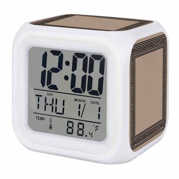 Black Brown Greek Key Digital Alarm Clock for Bedrooms,Smart LED Alarm Clock with 7 Color Night Light,Geometric Greece Ancient Farmhouse Geo Silent Wake Up Clocks for Sleep Study Cooking 3.2"x3.2"