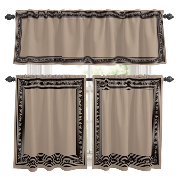Black Brown Greek Key Kitchen Curtains,Kitchen Curtains and Valances Set of 3,Geometric Greece Ancient Farmhouse Geo Light Filtering Tier Curtain 36 Inch Length Drapes for RV Cafe Bathroom Bedroom