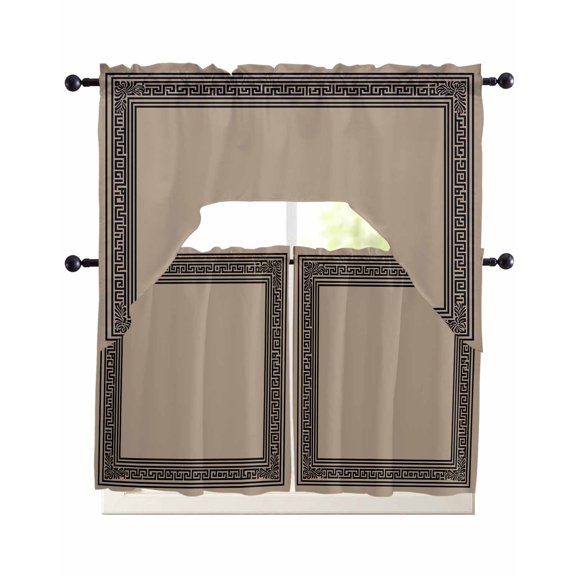 Black Brown Greek Key Kitchen Curtains Sets for Windows 3 Piece, Geometric Greece Ancient Farmhouse Geo Kitchen Curtains and Valances Tier Set 24 Inch Length Swag Curtain for Living Room Cafe
