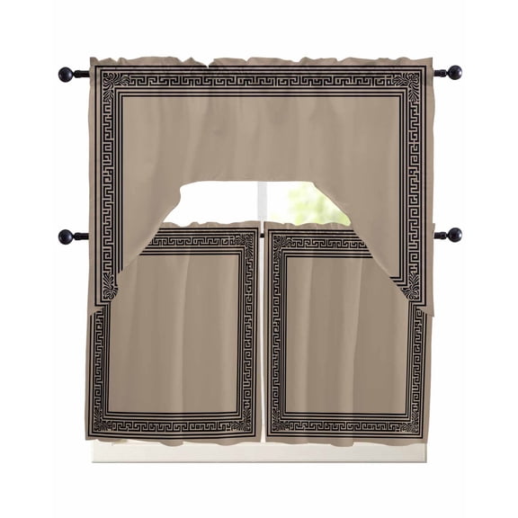 Black Brown Greek Key Kitchen Curtains Sets for Windows 3 Piece, Geometric Greece Ancient Farmhouse Geo Kitchen Curtains and Valances Tier Set 36 Inch Length Swag Curtain for Living Room Cafe