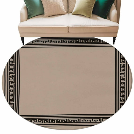 Black Brown Greek Key Large Area Rugs for Bedroom Living Room, Soft Non Slip Carpet Bedside Rug, Geometric Greece Ancient Farmhouse Geo Round Floor Cover Kitchen Accent Rug 6' for Dining Room/Office