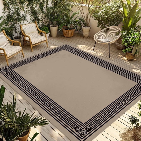 Black Brown Greek Key Outdoor Rug 4x6 Ft - Reversible Patio Rug Outdoor Camping Rugs, Geometric Greece Ancient Farmhouse Geo Indoor Outdoor Area Rugs, Non-Slip Outdoor Carpet Runner for Deck/Porch