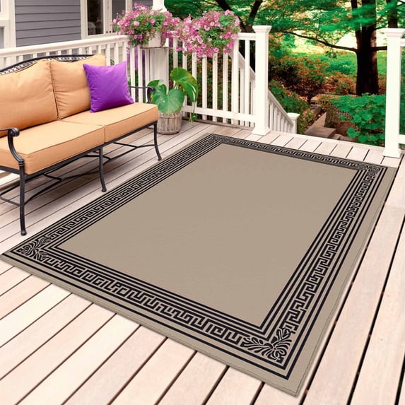 Black Brown Greek Key Outdoor Rug for Patio/Deck/Porch, Non-Slip Large Area Rug 3 x 5 Ft, Geometric Greece Ancient Farmhouse Geo Indoor Outdoor Rugs Washable Area Rugs, Camping Rug Carpet Runner