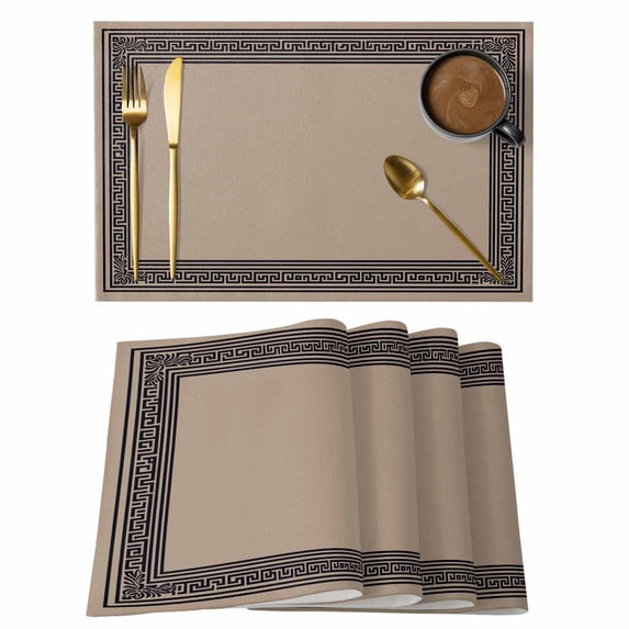 Black Brown Greek Key Placemats Set of 8,Cotton Linen Fabric Place Mats,Geometric Greece Ancient Farmhouse Geo Decorative Table Mats Protector for Home Kitchen Dining Wedding Party Coffee Tables