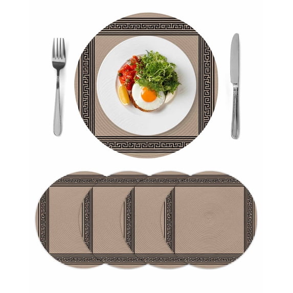 Black Brown Greek Key Round 13 Inch Placemats Set of 4, Geometric Greece Ancient Farmhouse Geo HeatResistant Non Slip Place Mats for Dining Table, Wipeable Braided Kitchen Table Mats for Housewarming