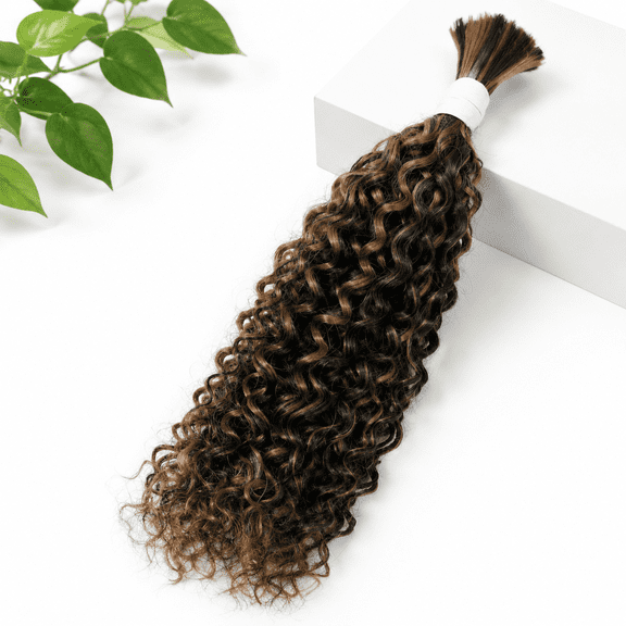 Black Brown Highlights WW 16 Inch Water Wave Curly Human Braiding Hair Bulk Bundle