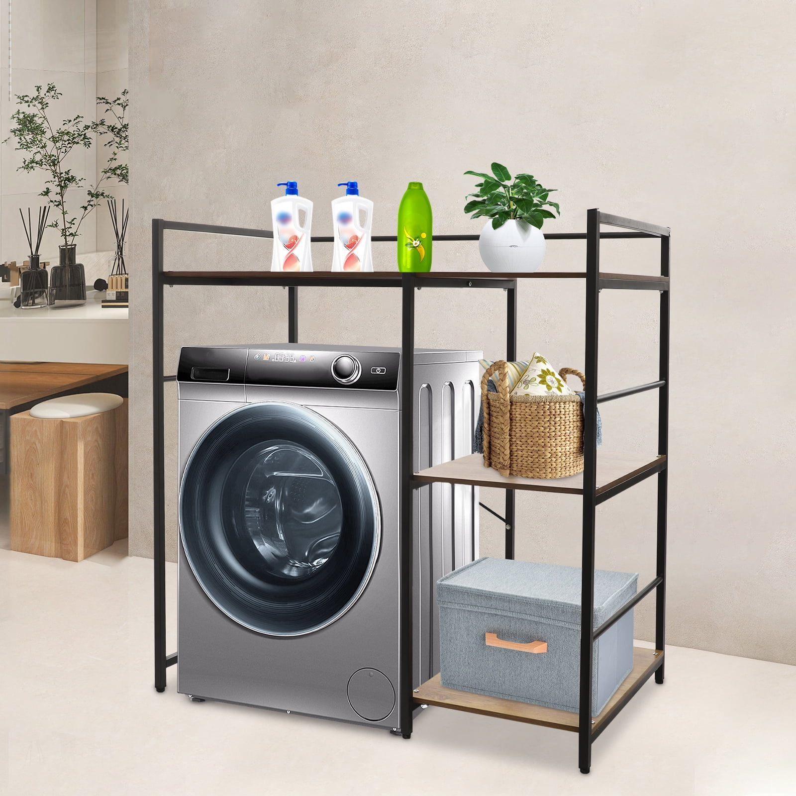 Black-Brown Iron Mdf 110x60x112cm 3-Layer Side Storage Washing Machine Rack Ancient Oak Double-Layer Locker