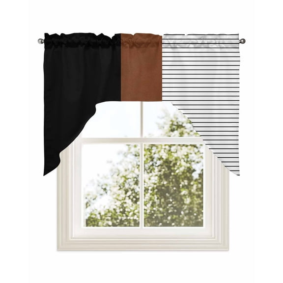 Black Brown Kitchen Curtains Swag Valance for Windows/Bathroom/Cafe, Contemporary Striped Boho Art Rod Pocket Drape Panel Swag Curtains Valance for Bedroom/Living Room 56"x36"