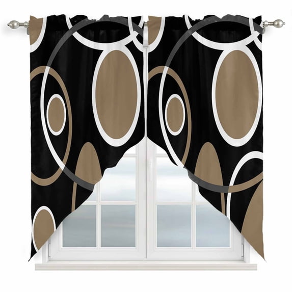 Black Brown Kitchen Window Curtains, Swag Curtains Valance for Bedroom Living Room Bathroom, White Circle Modern Minimalist Geometric Rod Pocket Window Treatment Curtain Block Drapes 2 Panels 36"x36"