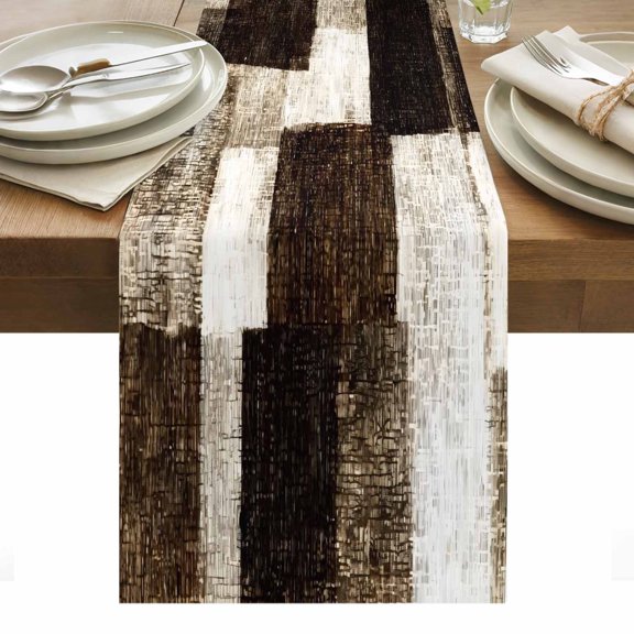 Black Brown Lattice Patchwork Table Runner Retro Abstract Geometric Art Tablerunners 16 x 72 Inch, Table Decorations Tabletop Scarf for Summer Gathering Holiday Farmhouse Kitchen Dining Decor
