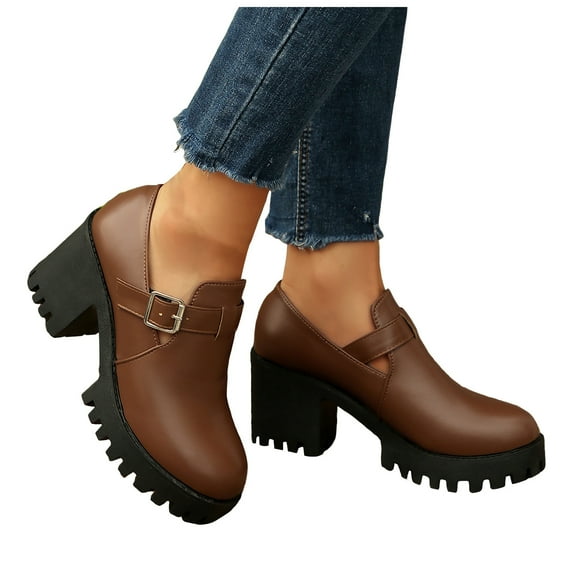 Black Brown Leather Ankle Boots for Women Platform Lug Sole Chunky Heel Slip on Loafers Buciness Casual Shoes