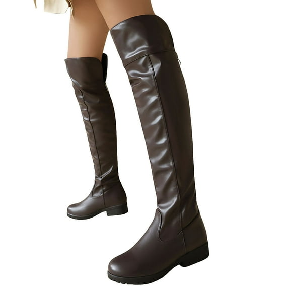 Black Brown Leather Knee High Boots Women Back Zipper Dressy Over the Knee Booties Round Toe Chunky Heel Thigh High Tall Boots