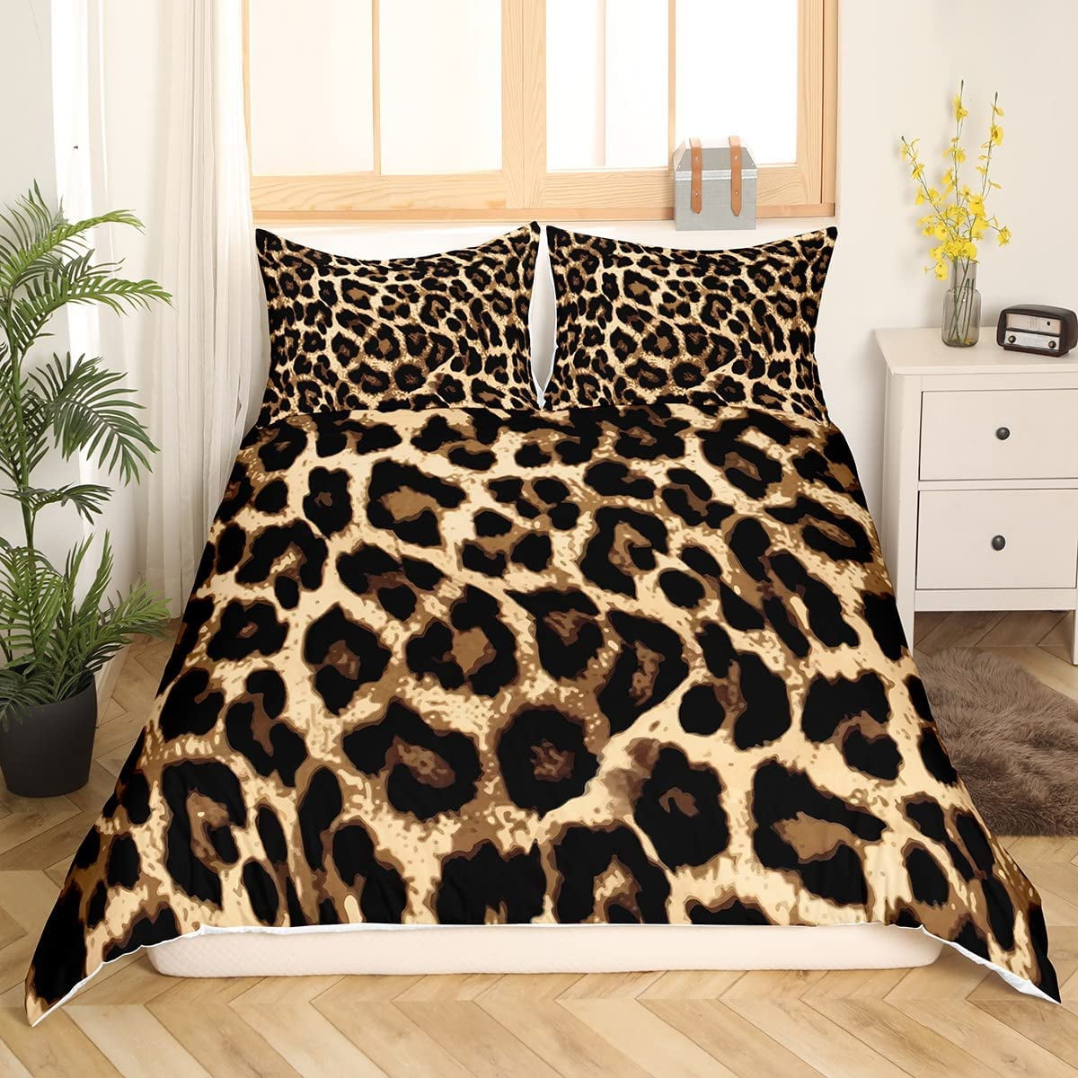 Black Brown Leopard Print Comforter Cover Set King Size Women Cheetah