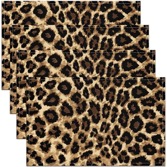 Black Brown Leopard Print Place Mats, Cheetah Leopard Wipeable Placemats for Dining Patio Table Kitchen, African Wild Animal Theme Non-Slip Table Mats for Teen Adult Boys, 12x18 Set of 4
