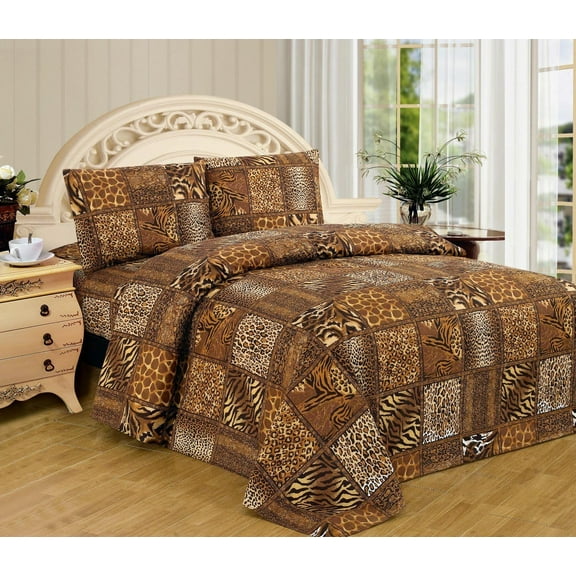 Black Brown Leopard Zebra King Size Sheet Set 4 Pc Safari Animal Print Pillow Shams Bedding Design 3018