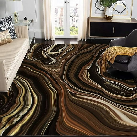 Black Brown Liquid Abstract Marble Area Rug For Living Room Bedroom Modern Lux Waves Dining Room Carpet Washable Soft Thick Home Office Floor Rug Indoor Outdoor Runners 2 x 3ft
